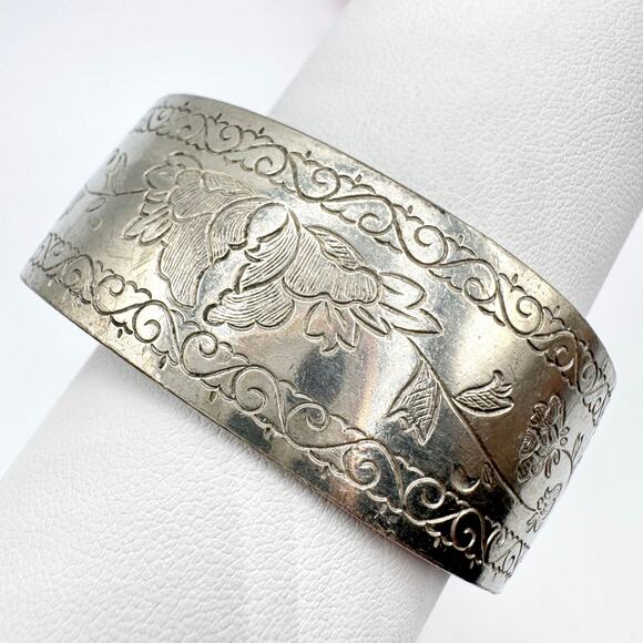 Kirk Stieff Pewter Cuff Bracelet Etched Flowers Vines Scrolls Signed Cottagecore - Picture 2 of 16